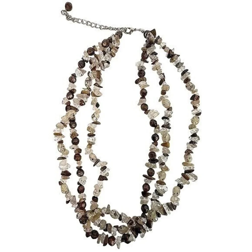Beaded Three Strand Stone Necklace Lobster Brown‎ Tan Clear 19 to 23 in Jewelry